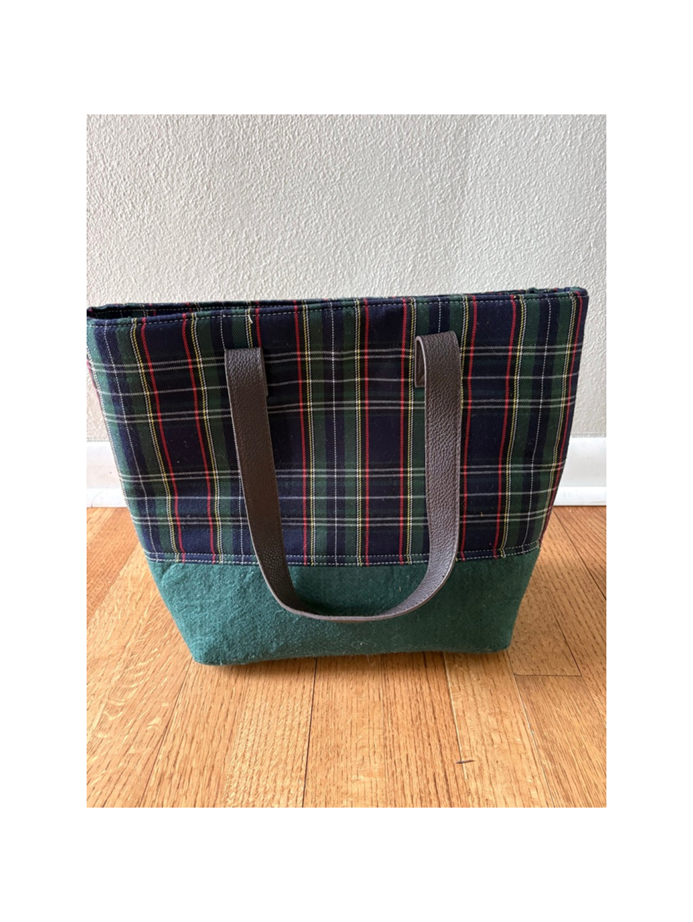 Punctuate Women's Classic Plaid Tote Bag with Blue Interior and Brown Handles